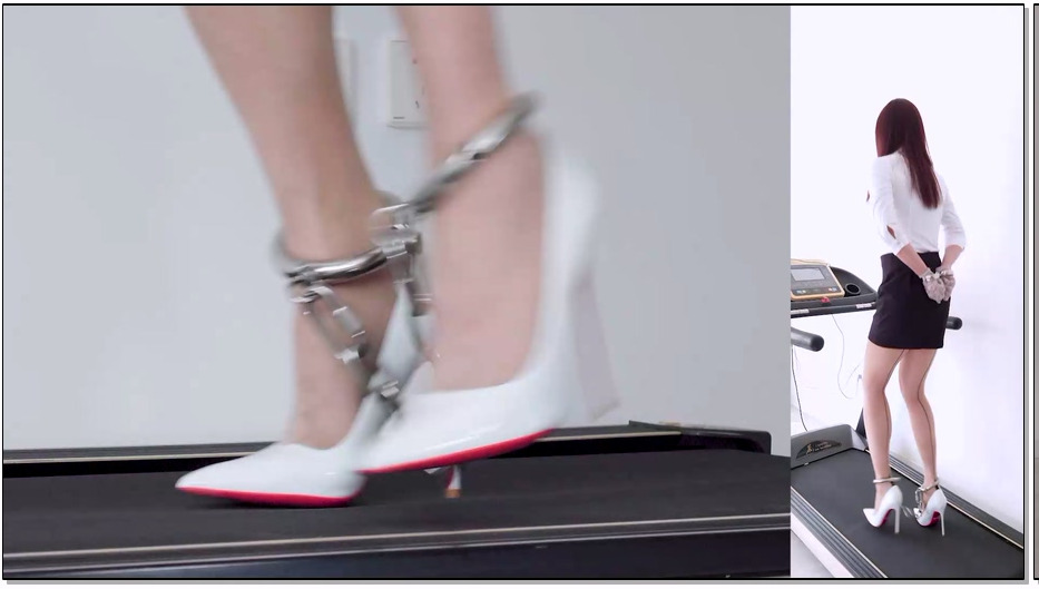 GGYDPBJ038-高跟遇到跑步机 短裙高跟 PJ强高 铐镣禁锢的超短裙竖线肉丝13CM白高跟+金属GS